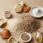 RUTAM key ingredients flatlay – rice protein extract, baobab oil, seeds and dried botanicals used in RUTAM3X+EXO exosome hair care formula