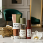RUTAM full 3-product scalp care routine – 360° PRO SHIELD, Ageless Scalp Mist, and Nº8 Intensive Serum on luxury marble with pearls and orchid