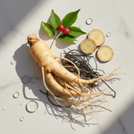 Fresh ginseng root with cross-section slices and black sesame seeds – key active ingredient in RUTAM Nº8 Intensive Hair Serum for scalp revitalization, hair repair and vitality