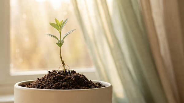 A single botanical stem with fresh green growth rising from rich soil in soft morning light — the scalp as fertile soil for healthy-looking hair.